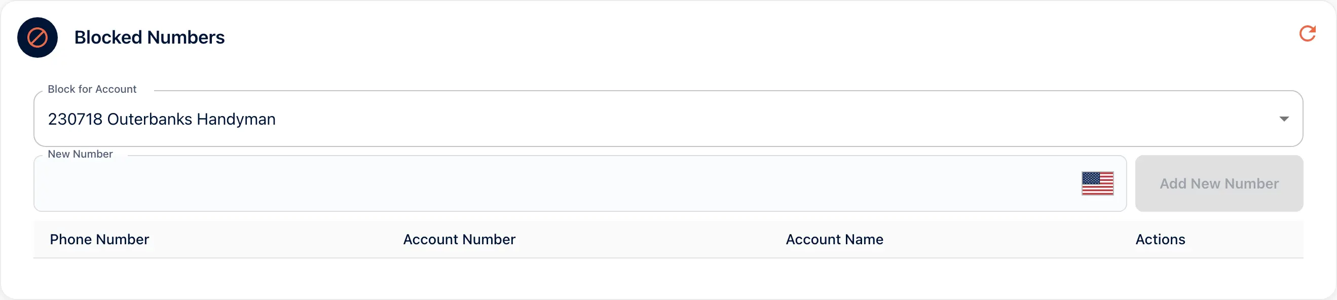 The Blocked Numbers card in the portal with the Outerbanks Handyman account selected and a field to add a number.