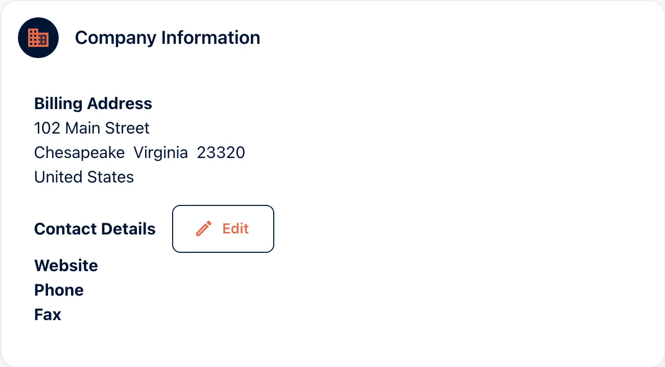The Company Information card in the portal with Outerbanks Handyman’s billing address in Chesapeake, Virginia, and empty website, phone and fax fields.