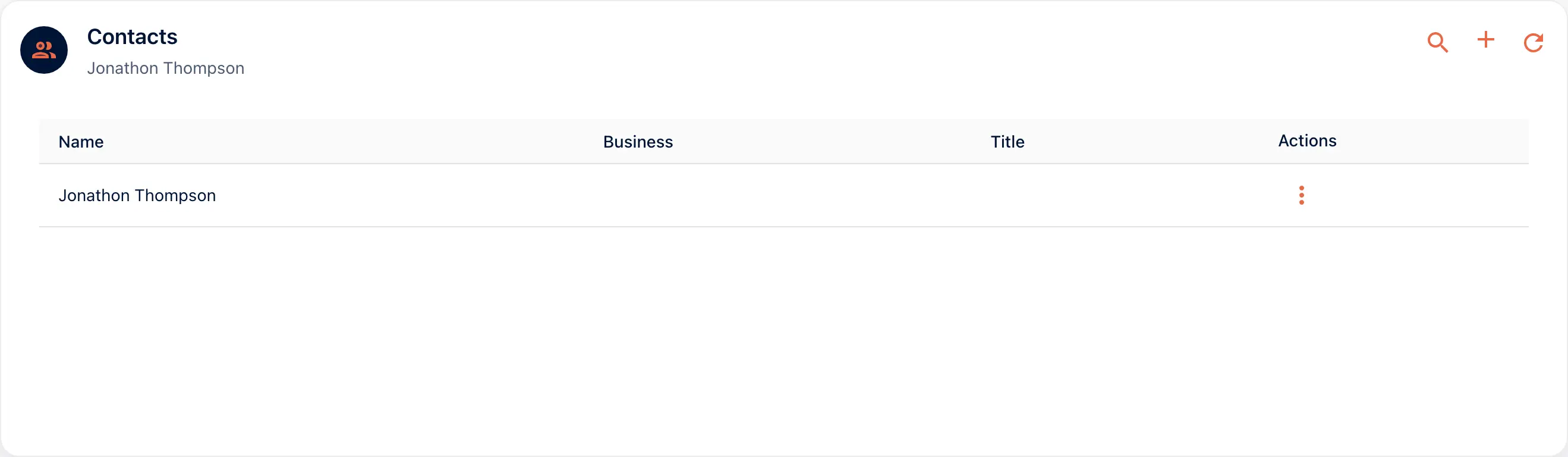 The Contacts card in the portal listing one contact, with name, business, title and actions columns.