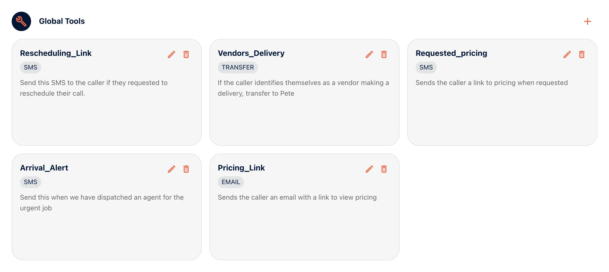 The Global Tools tab in the portal with Outerbanks Handyman’s five tools: Rescheduling_Link, Requested_pricing and Arrival_Alert (SMS), Vendors_Delivery (transfer) and Pricing_Link (email), each with the description it matches to a request.