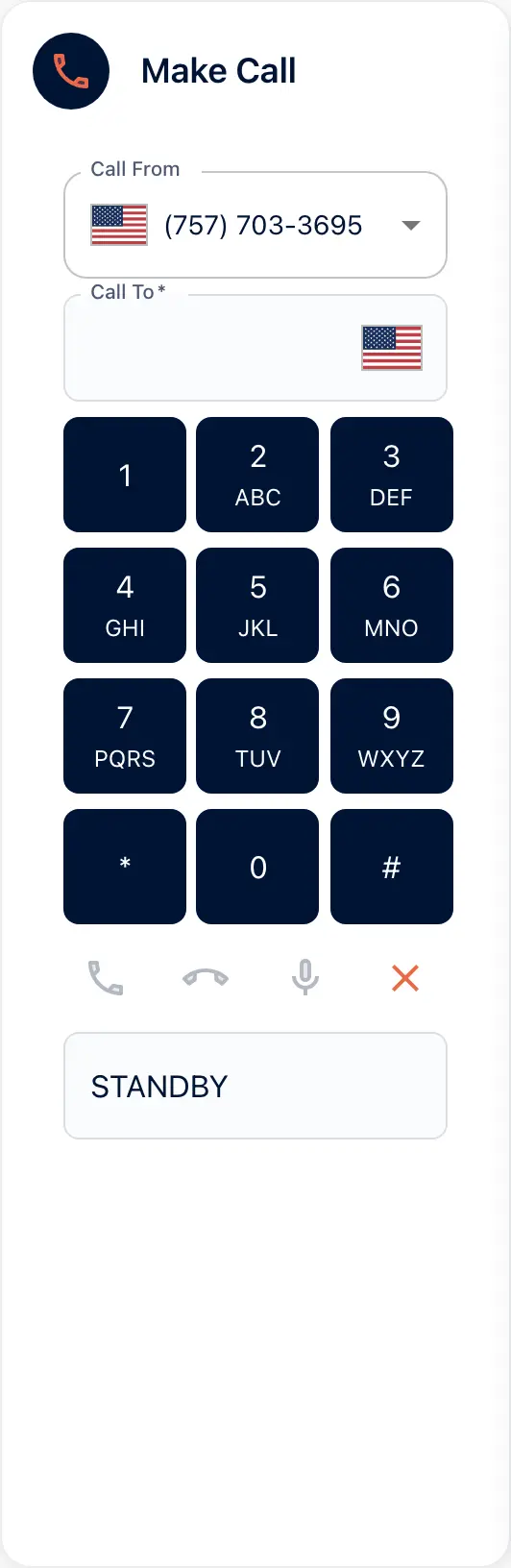 The Make Call page in the portal: the dialer with the calling number, an empty Call To field, the full keypad and the call controls, reading STANDBY.