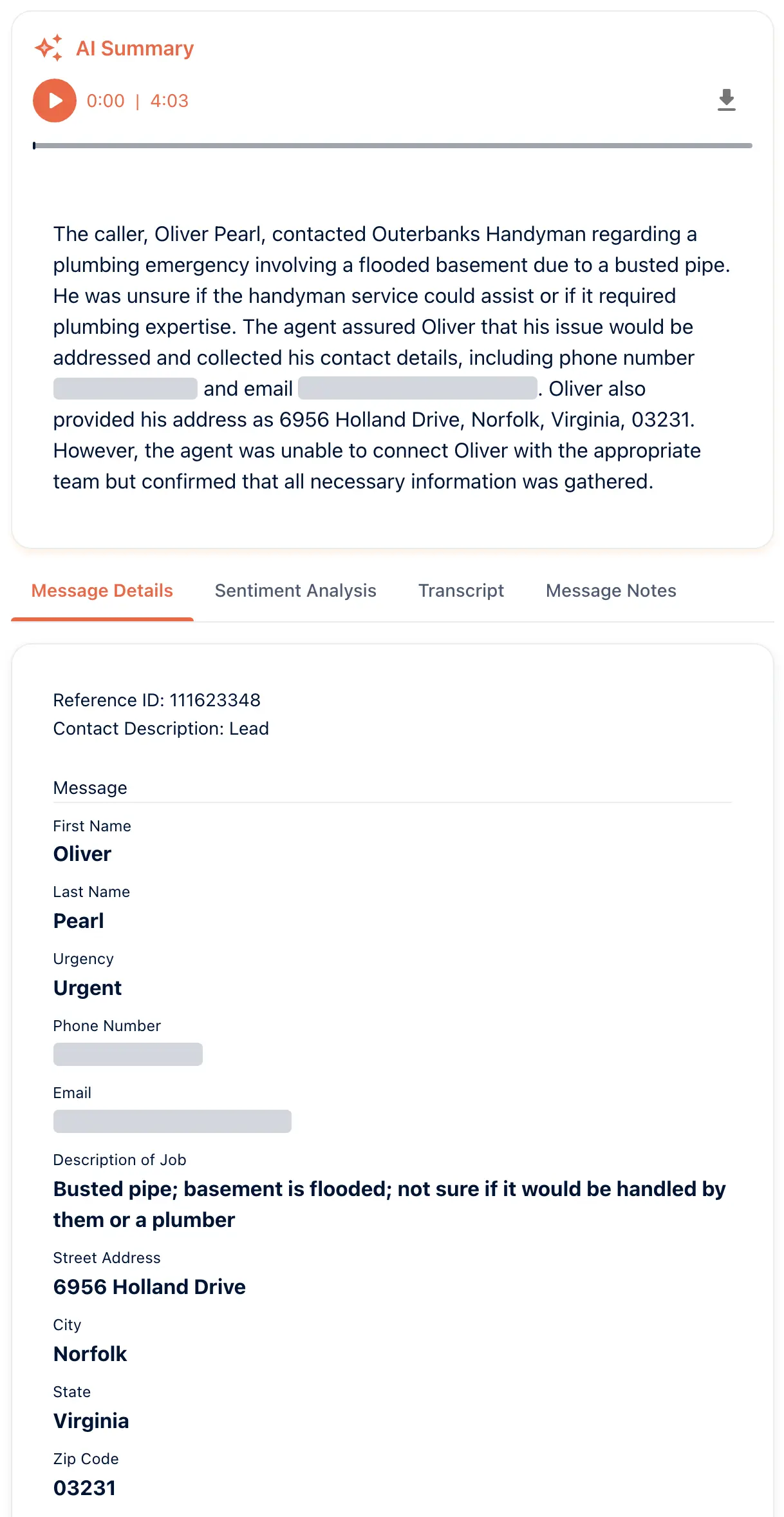 An Outerbanks Handyman message in the portal: the AI summary of a 4:03 test call about a flooded basement, then the Message Details tab. Every field the receptionist asks for is filled in, from name and urgency to the job and the address. The phone number and email are masked.