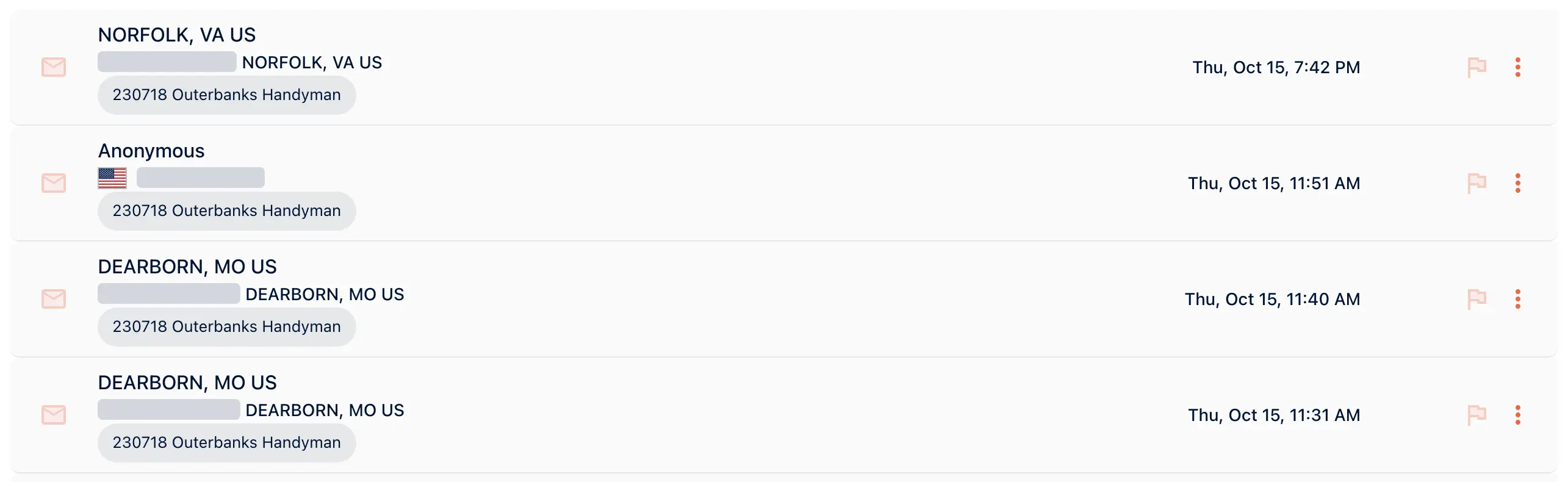 The Activity list in the portal for Outerbanks Handyman with its four latest calls, every caller number masked.