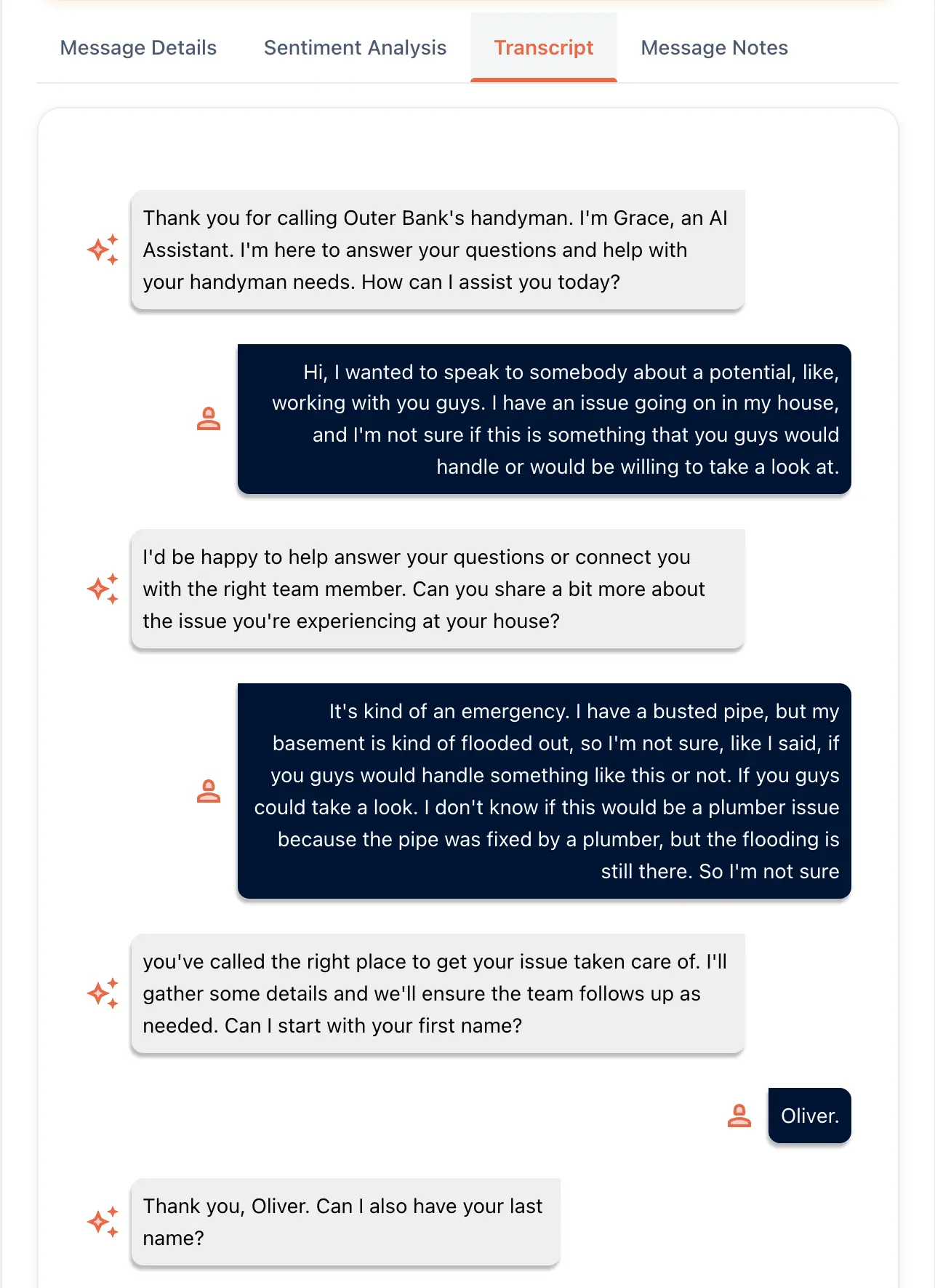 The Transcript tab of an Outerbanks Handyman call in the portal. Grace says she is an AI assistant, and the caller describes a busted pipe and a flooded basement. Grace then asks for a first and last name.