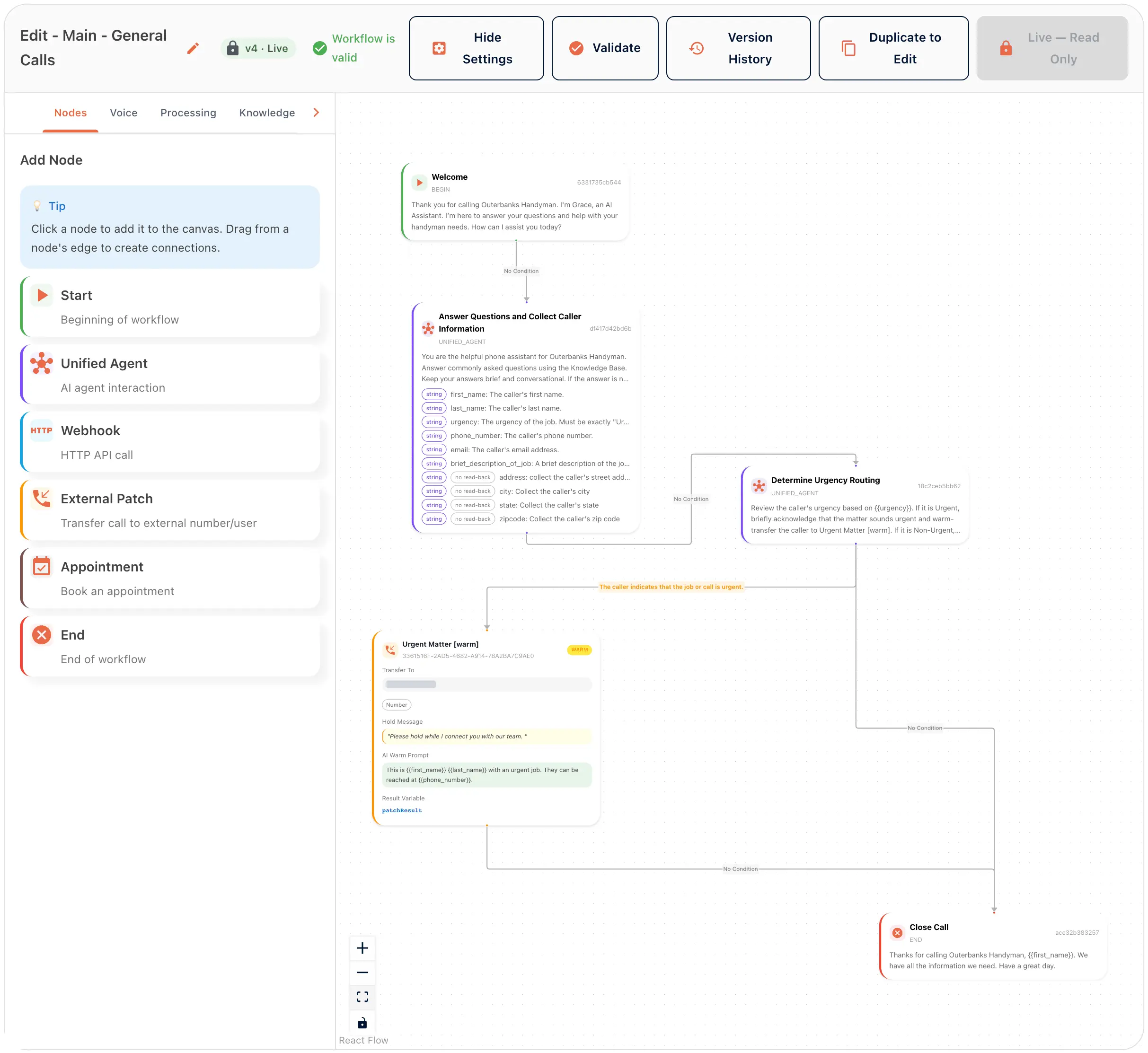 The workflow editor in the portal: Edit - Main - General Calls, v4 Live, Workflow is valid, with Hide Settings, Validate, Version History and Duplicate to Edit buttons, a Live, read-only lock, the Add Node panel and the canvas.