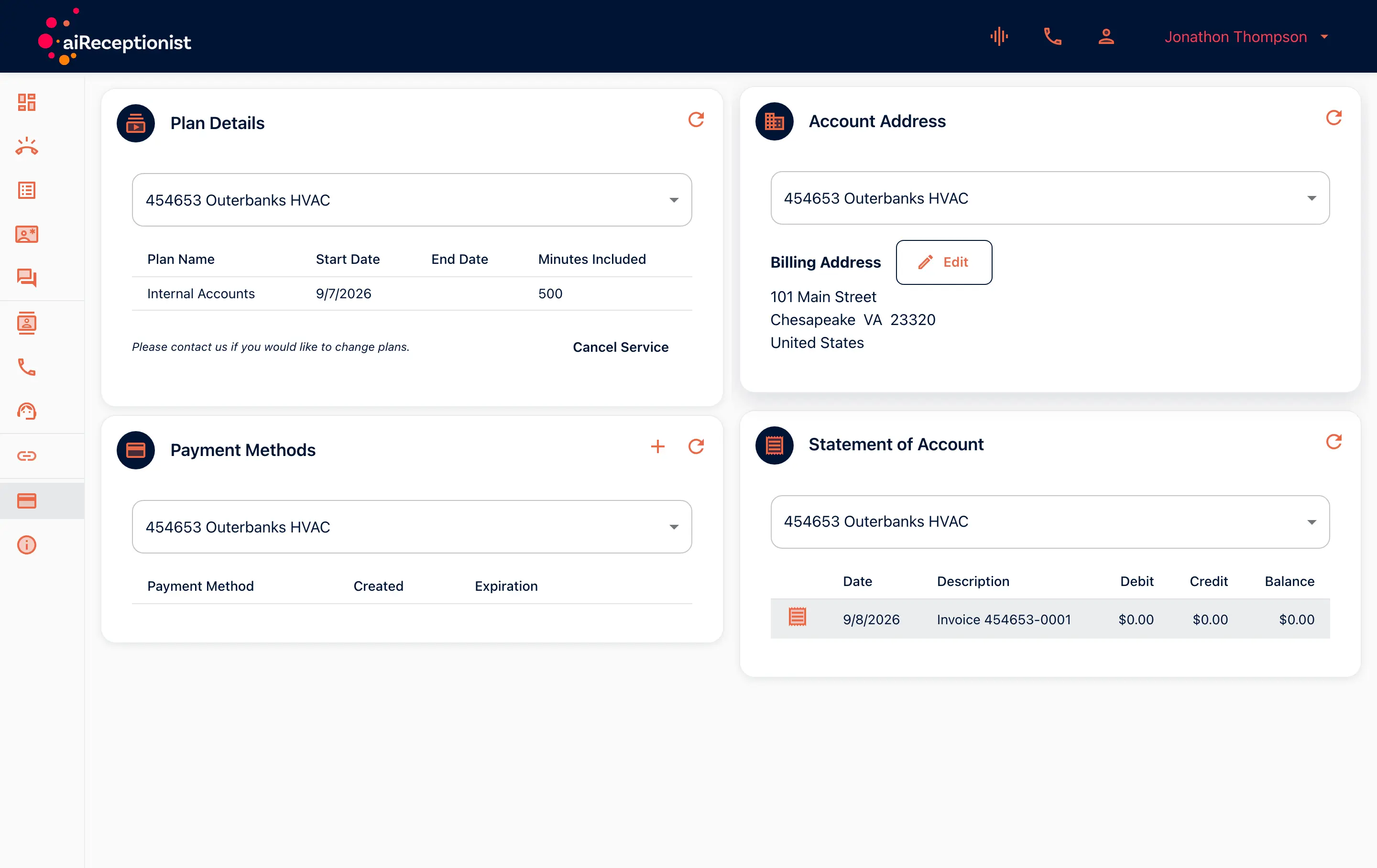 Billing Dashboard: plan details, payment methods, account address and statement of account