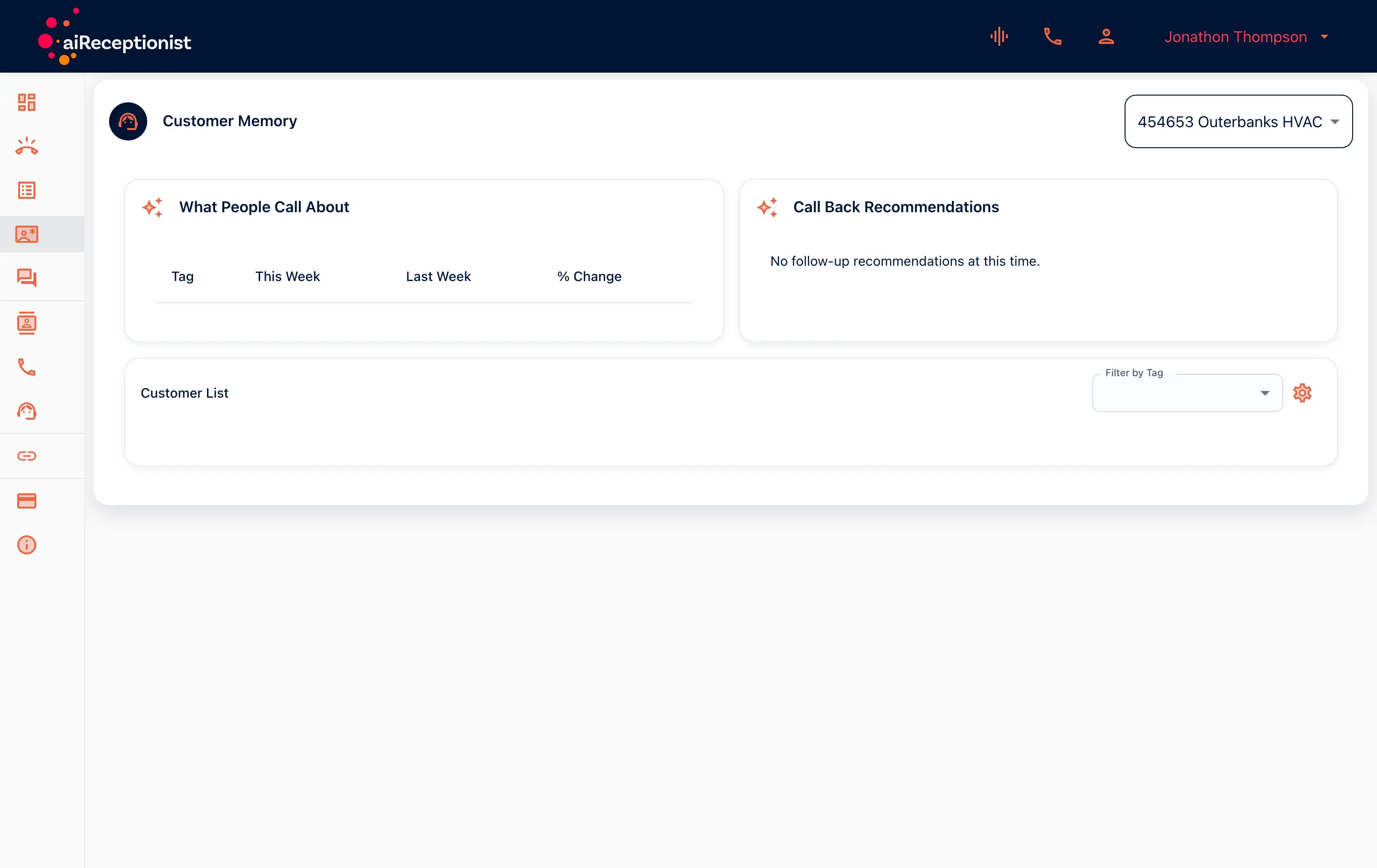 Customer Memory page: What People Call About, Call Back Recommendations and the customer list