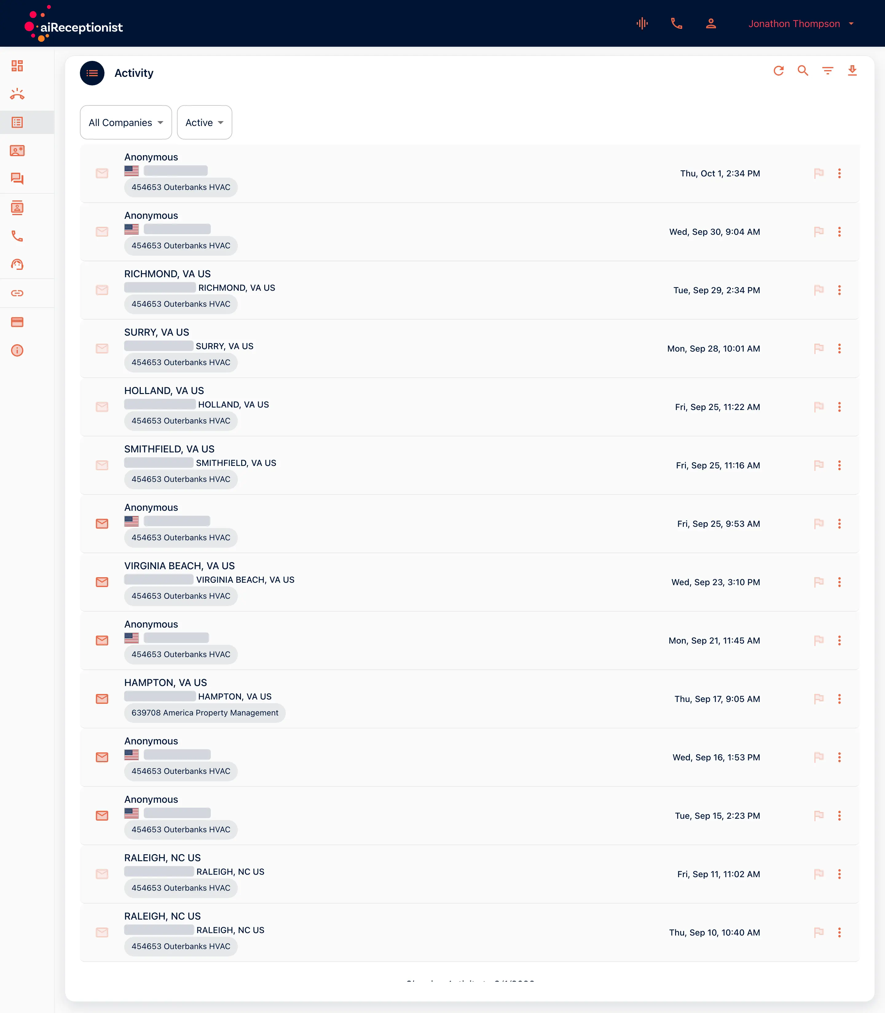 Messages page: the activity feed with the account and status filters and recent calls, caller numbers masked