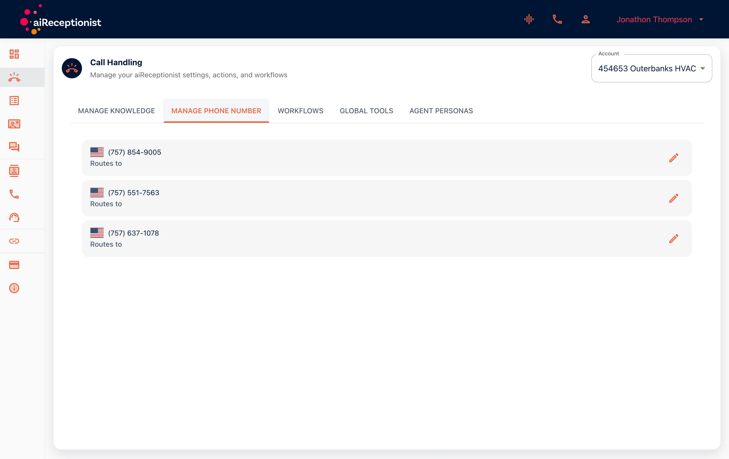 Call Handling, Manage Phone Number tab: three numbers and where each routes