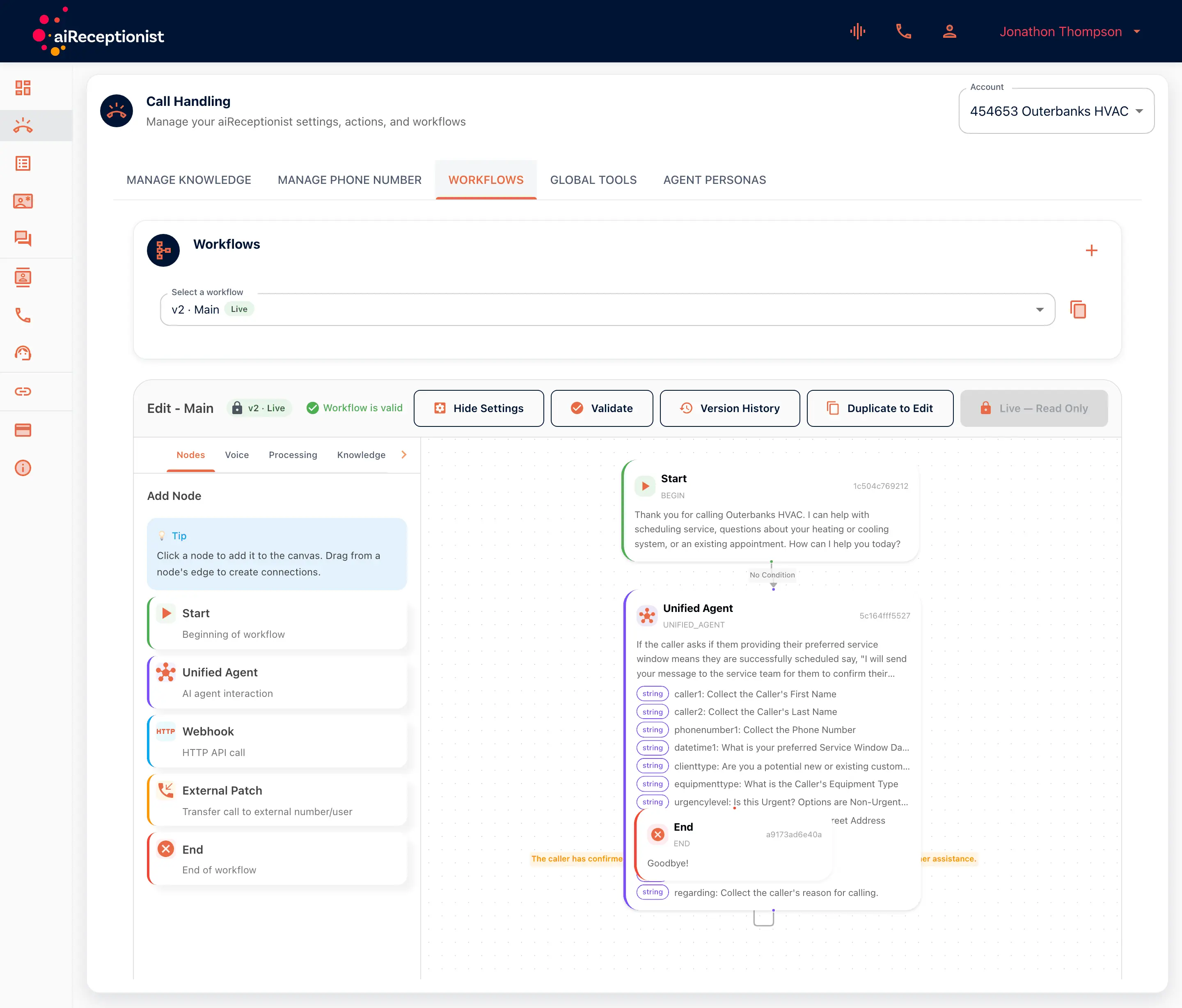Call Handling, Workflows tab for Outerbanks HVAC: the workflow selector on v2 Main, then the editor with the Add Node panel and the canvas