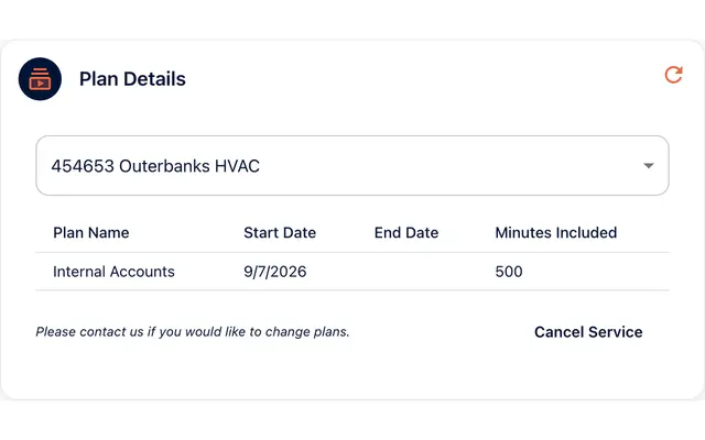 Plan details card showing plan name, start date and minutes included