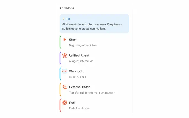 Add Node panel listing Start, Unified Agent, Webhook, External Patch and End