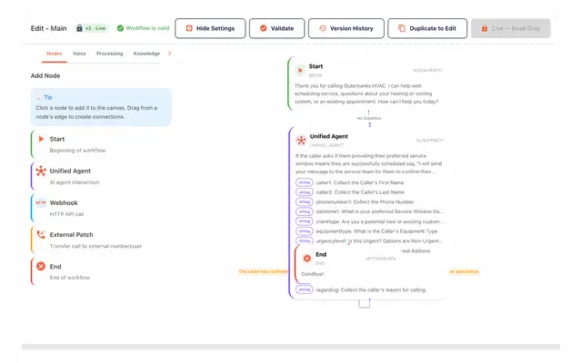 Workflow builder with the Add Node panel and a canvas showing Start, Unified Agent and End nodes