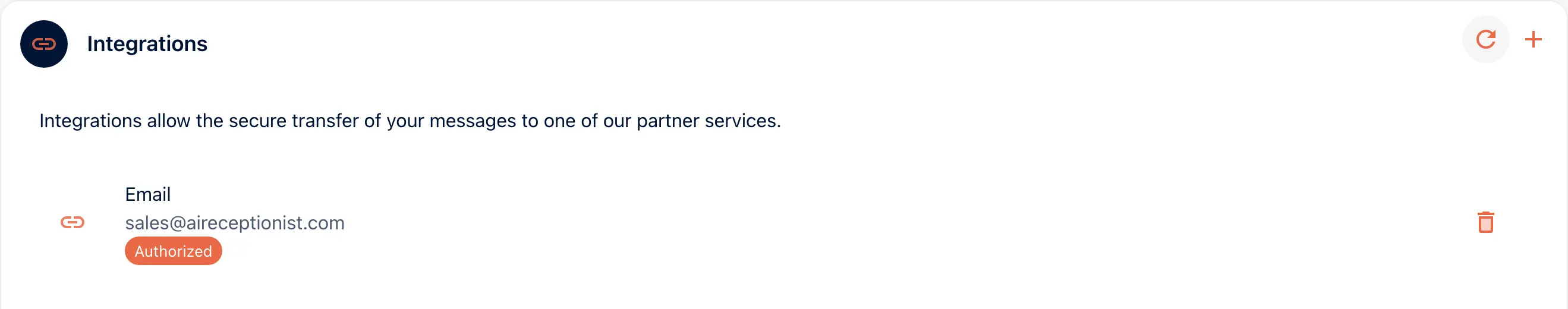 The Integrations card in the portal showing one email integration, marked Authorized.