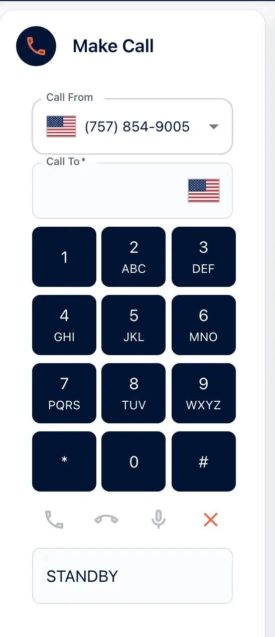 The Make Call page in the portal: the dialer with the calling number, an empty Call To field, the full keypad and the call controls, reading STANDBY.