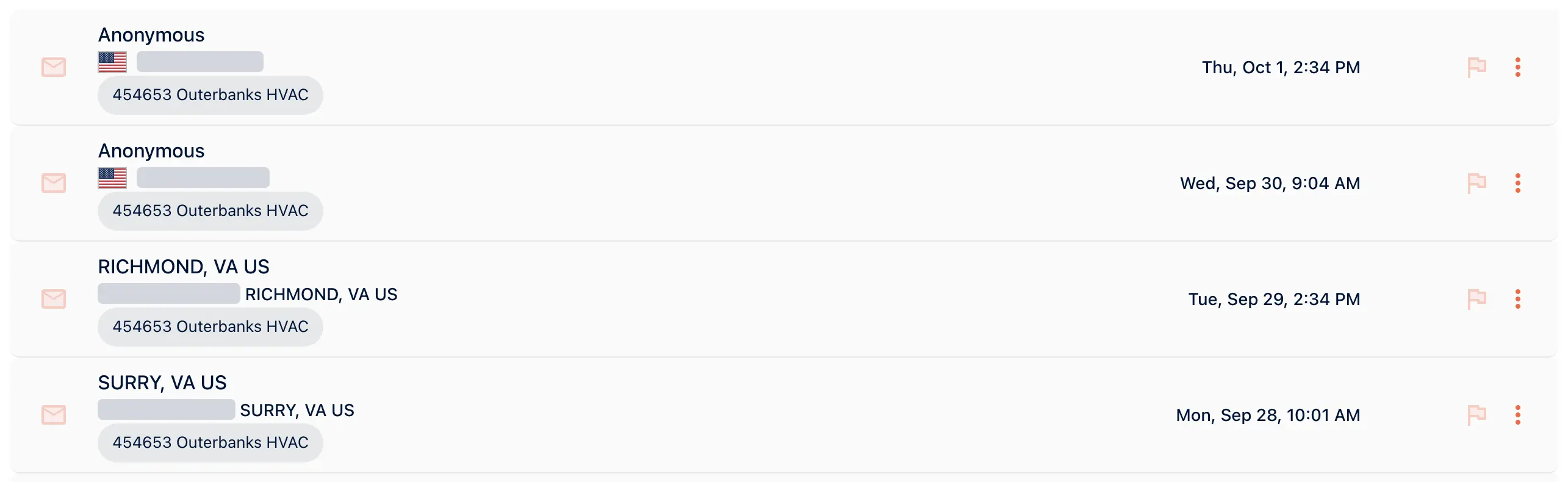 The Activity list in the portal for Outerbanks HVAC with its four latest calls, every caller number masked.