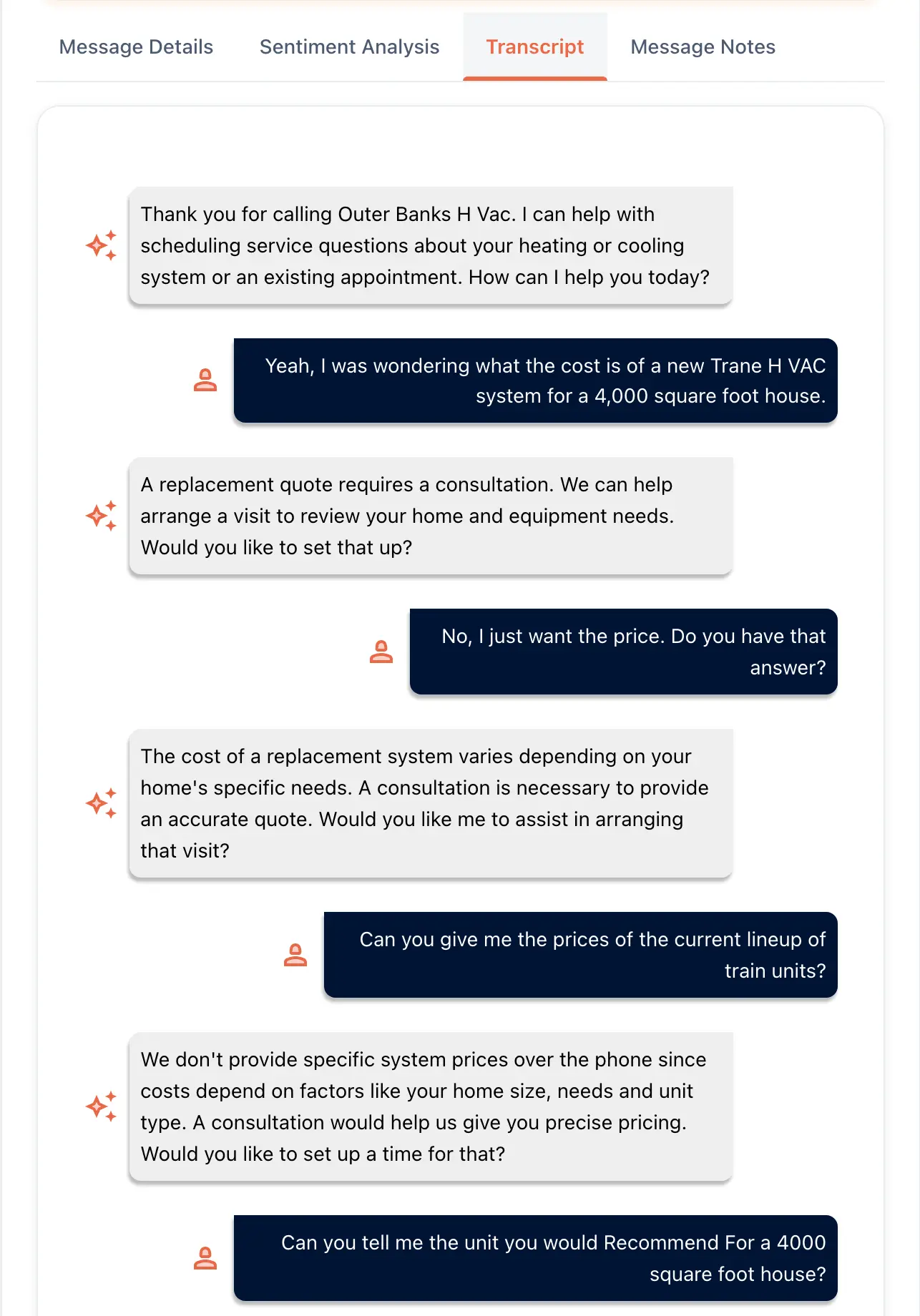 The Transcript tab of a call in the portal, with the receptionist and caller turns in order, asking the price of a new Trane system.