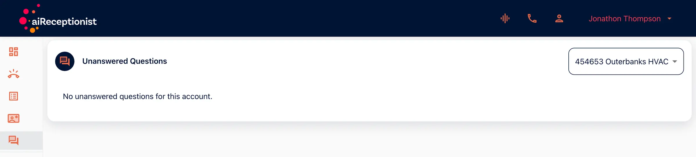 The Unanswered Questions page in the portal for Outerbanks HVAC, reading: No unanswered questions for this account.