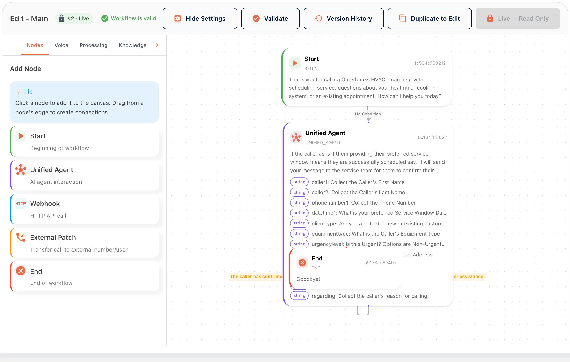 The workflow editor in the portal: Edit - Main, v2 Live, Workflow is valid, with Hide Settings, Validate, Version History and Duplicate to Edit buttons, a Live, read-only lock, the Add Node panel and the canvas.